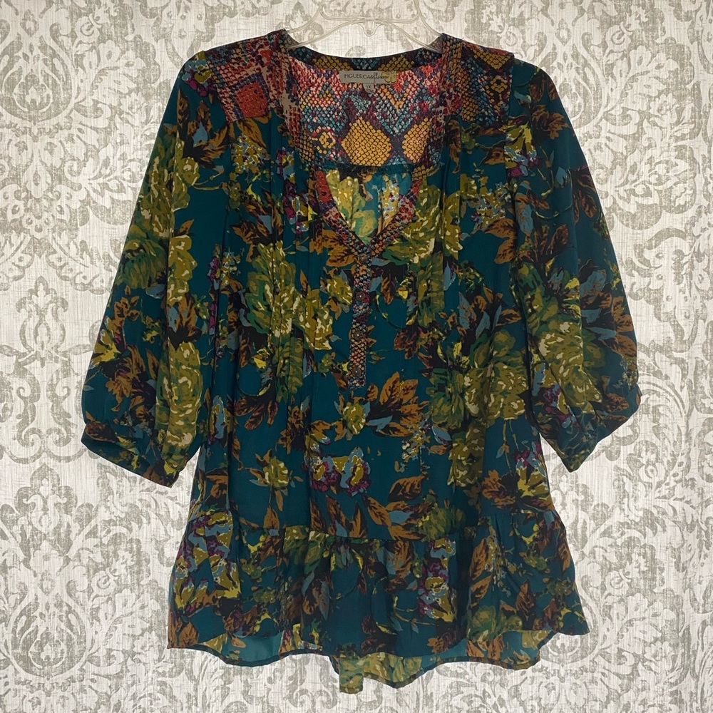 Fig & Flower Mixed Print Floral Snake Boho Hippie Festival Pleated Blouse 1X